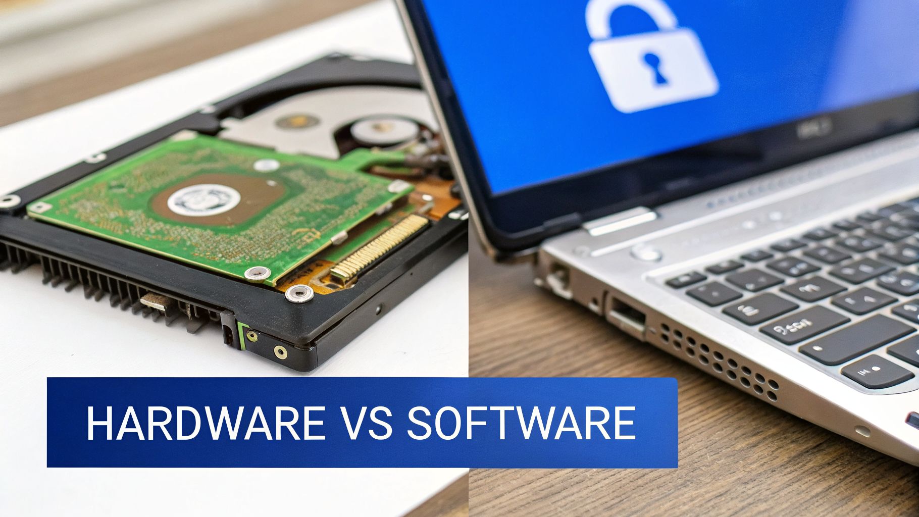 Close-up of a hard drive (hardware) contrasted with a laptop displaying a padlock (software encryption).