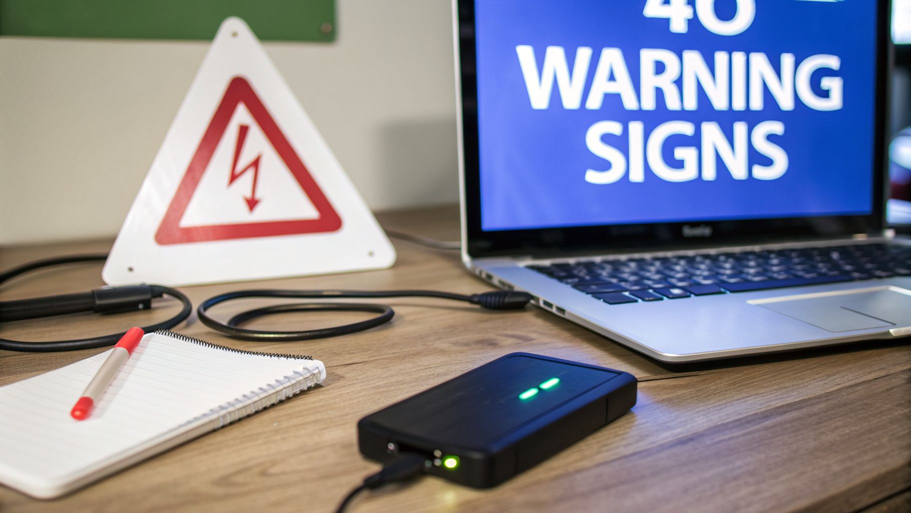 A laptop displays 'WARNING SIGNS' with an external hard drive, power warning, notebook, and pen on a wooden desk.