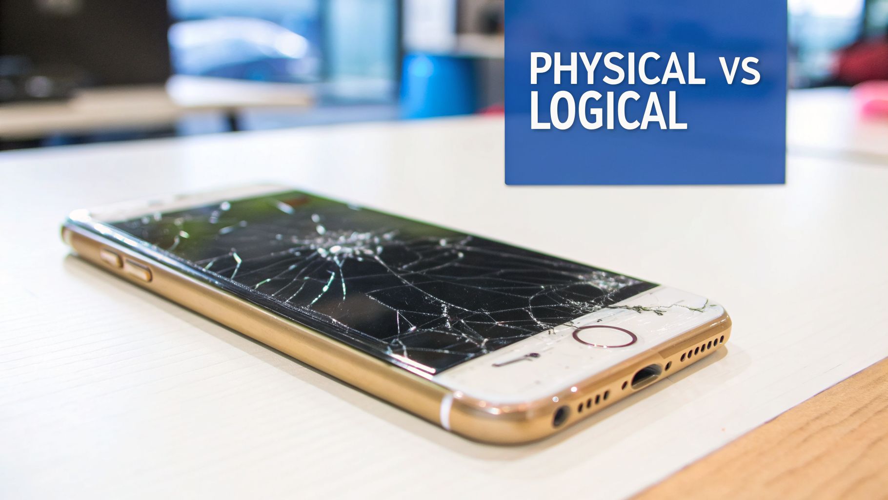 A close-up of a gold iPhone with a severely cracked screen on a white table, next to 'PHYSICAL VS LOGICAL' text.