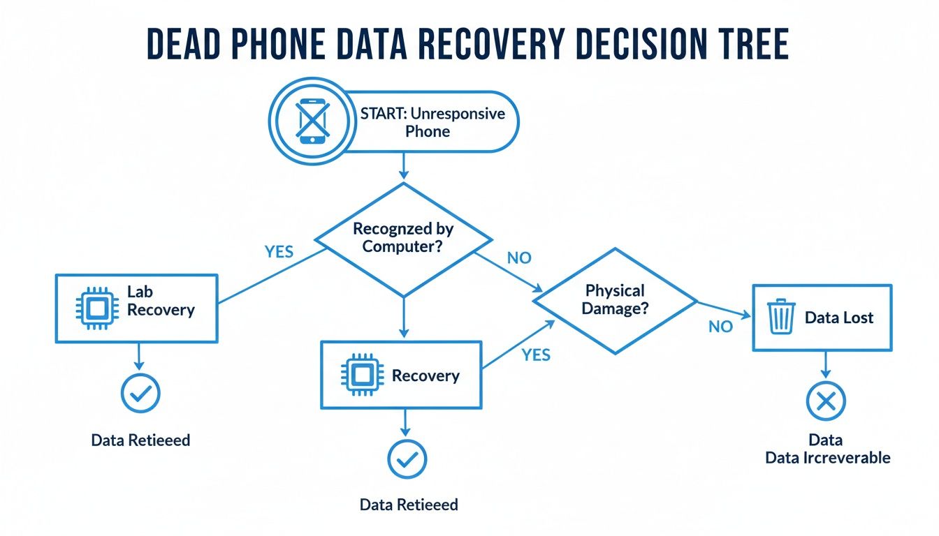 Decision tree flowchart illustrating steps for data recovery from a dead or unresponsive phone, covering lab recovery and data loss scenarios.