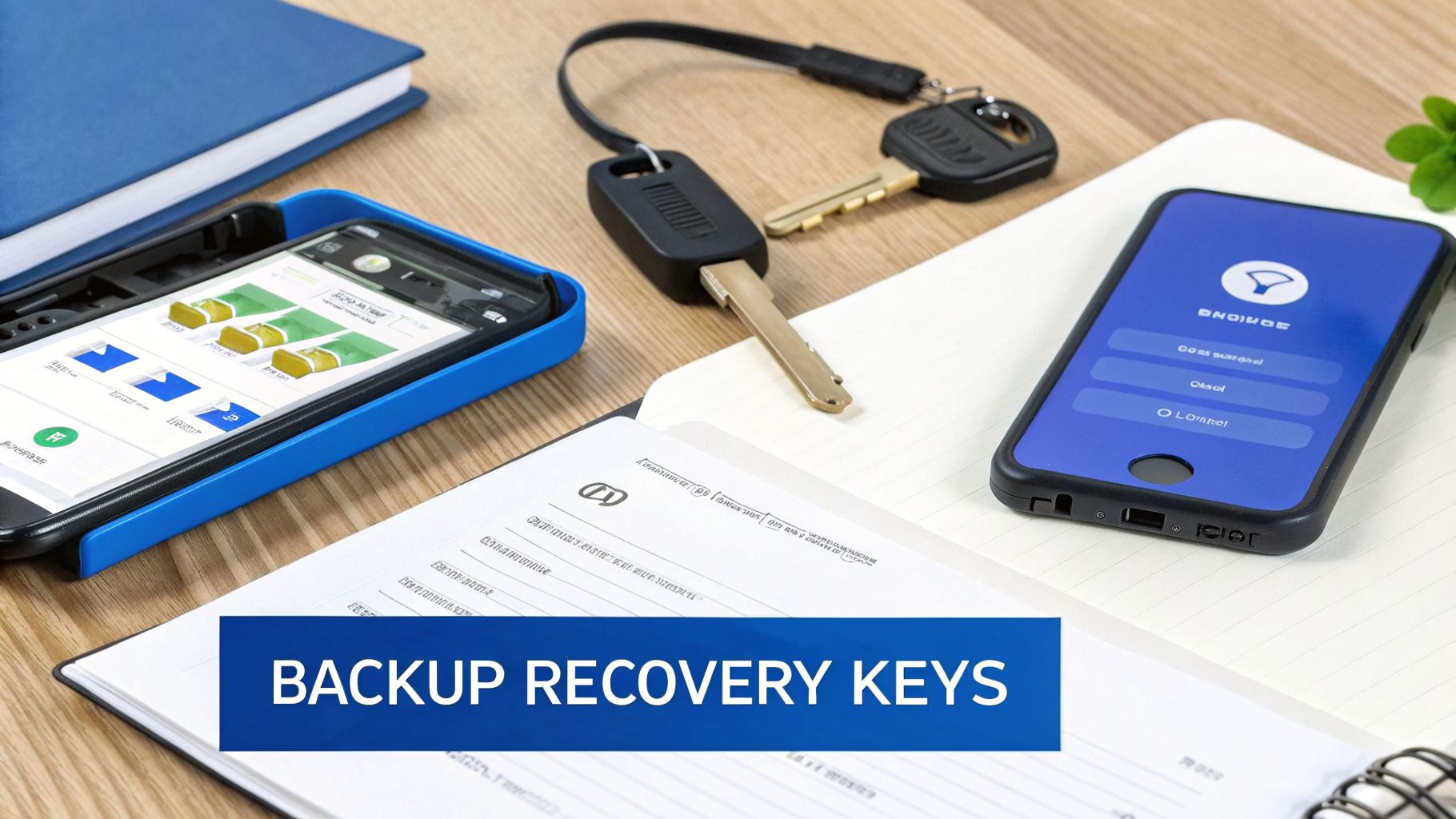 A flat lay of two smartphones, car keys, and a notebook, emphasizing digital backup and recovery.