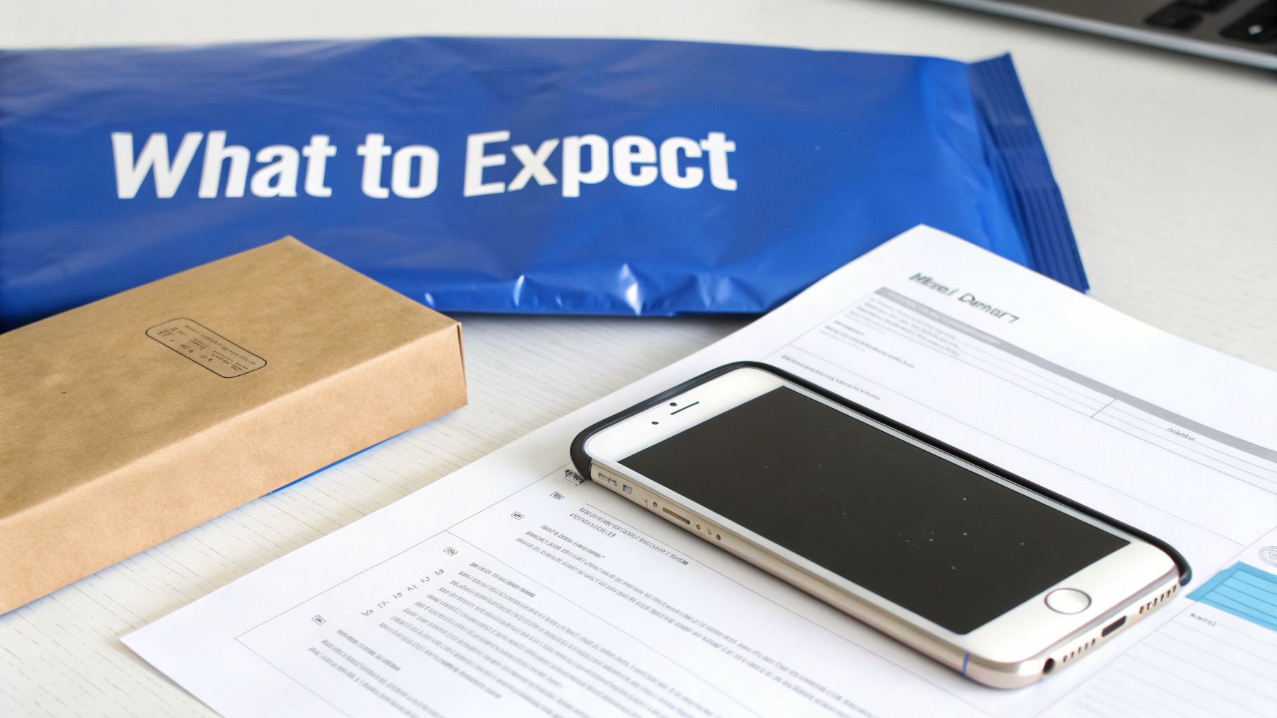 A blue package, a brown box, a white smartphone, and a document on a white table.