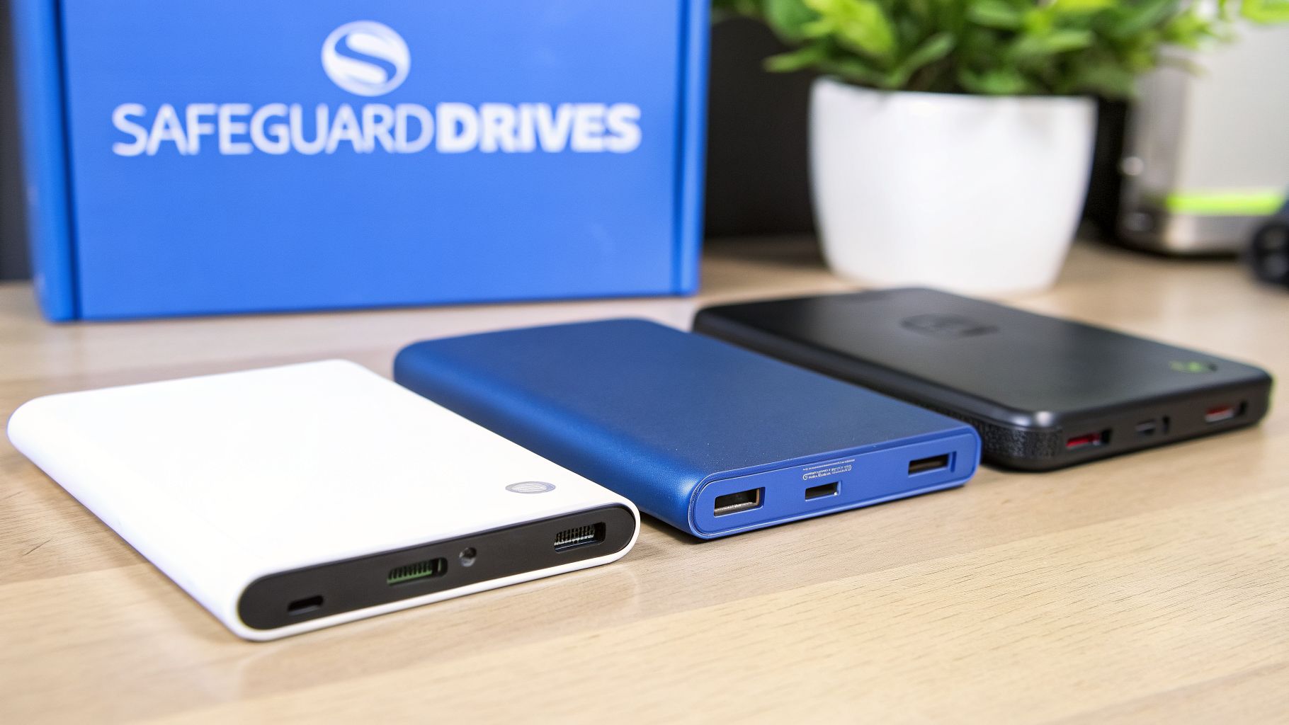 Three external hard drives in white, blue, and black on a wooden table, with a 'Safeguard Drives' box.