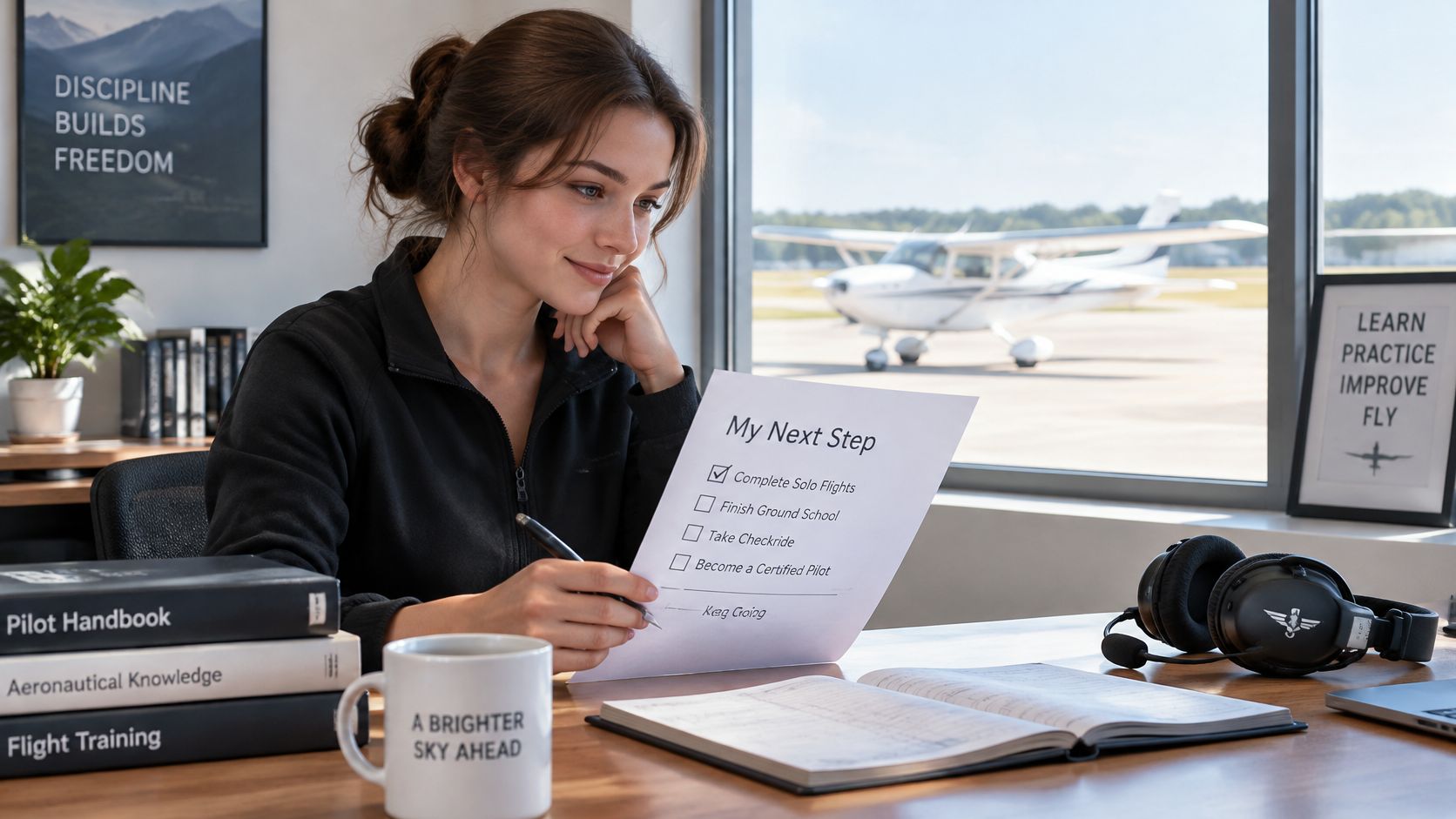 A smiling young woman sitting at a desk with pilot training materials and a checklist in an office.