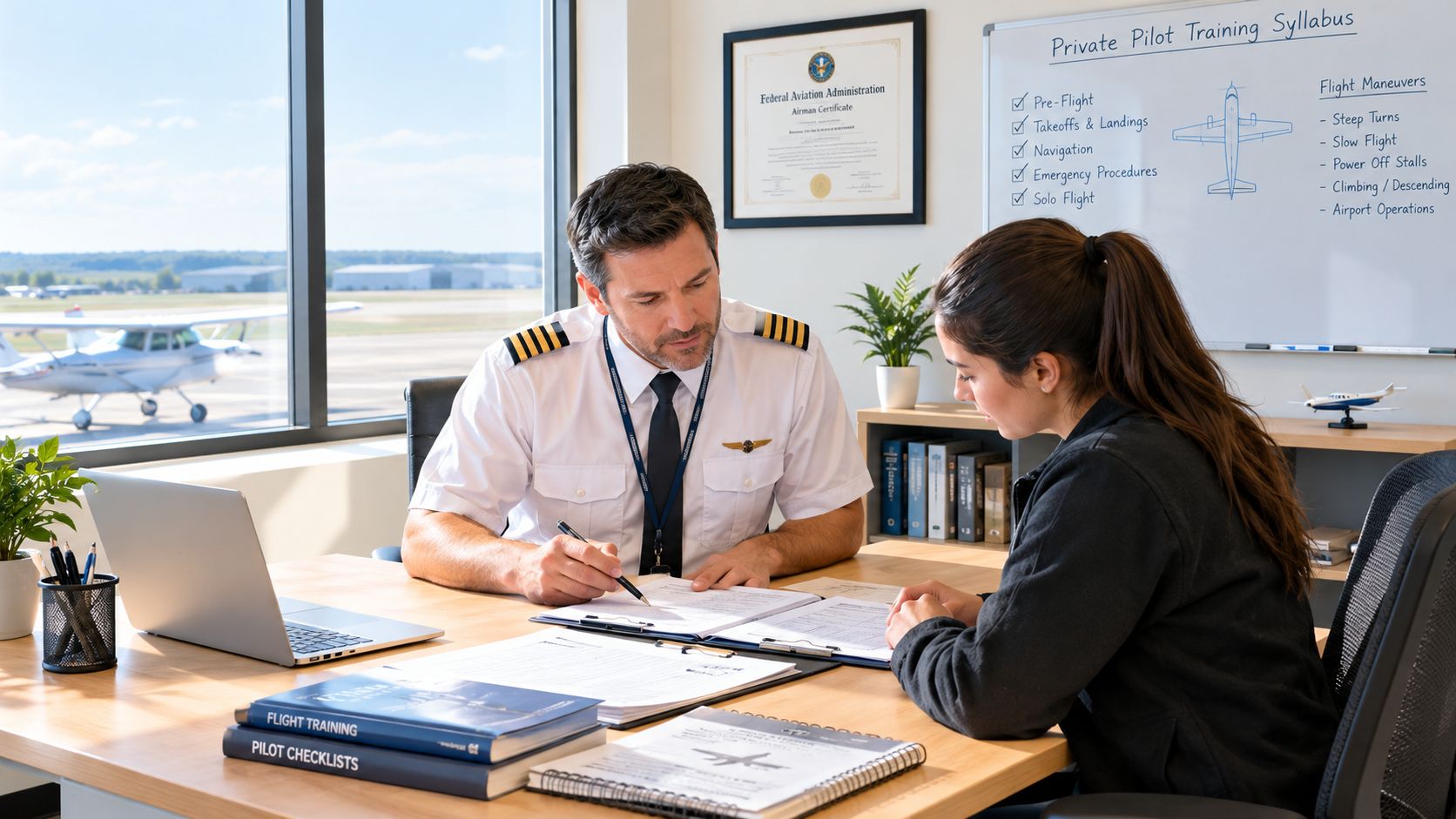 A flight instructor in uniform explains flight training documents to a student at a desk.
