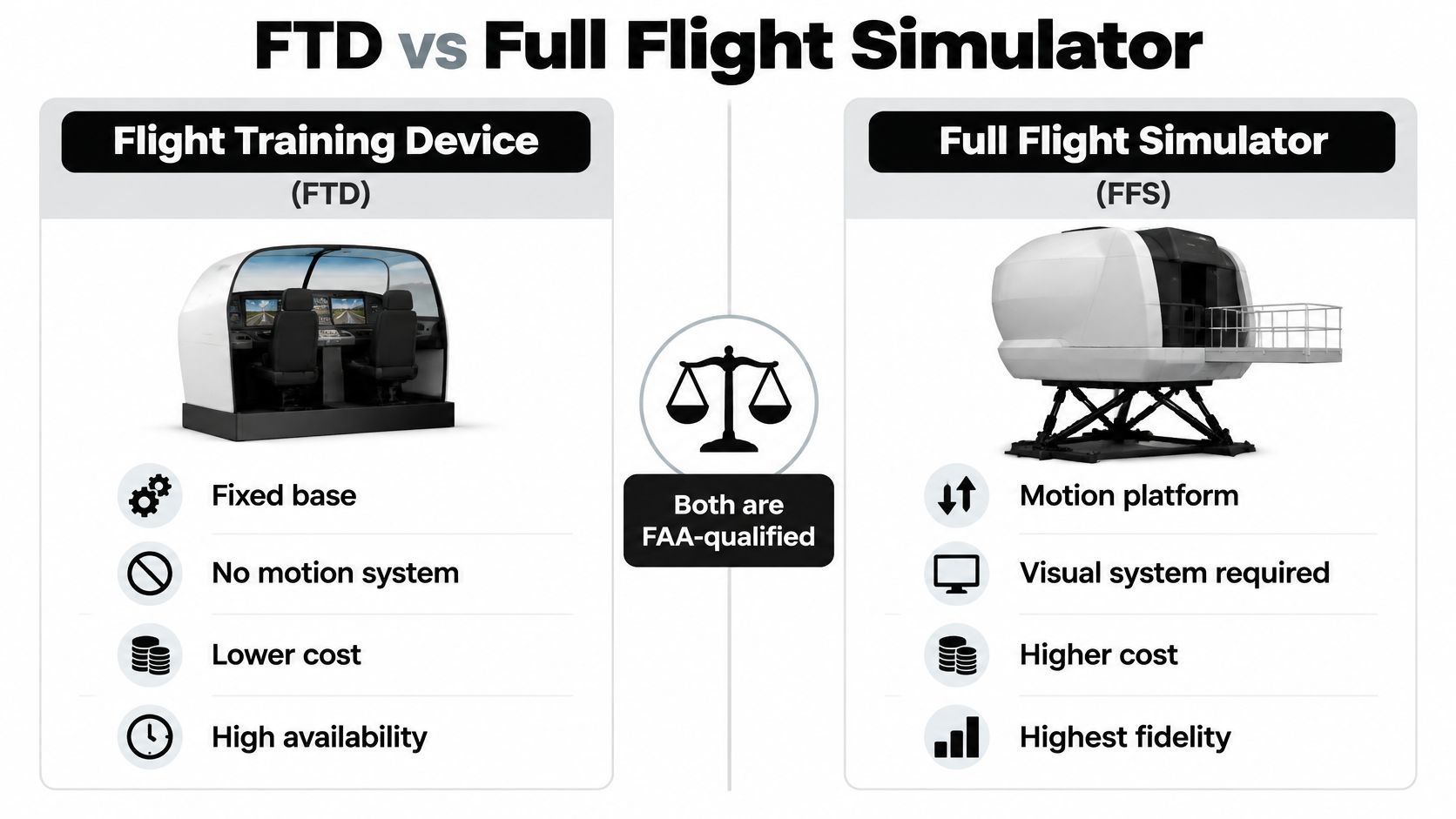 A comparison chart showing the differences between a Flight Training Device and a Full Flight Simulator.