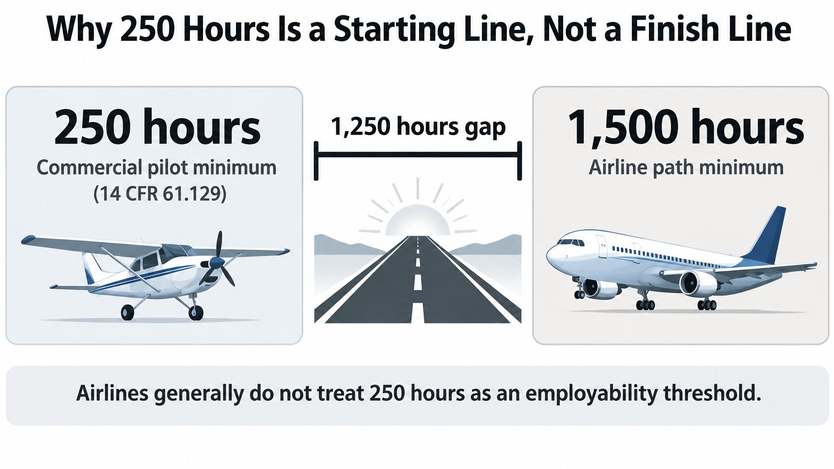 A diagram comparing the 250-hour commercial pilot minimum with the 1,500-hour airline career path requirement.