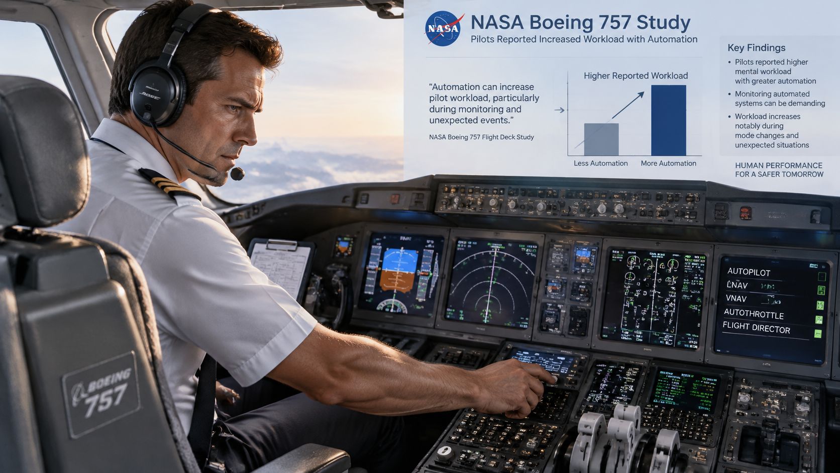 A pilot sits in a glass cockpit of a Boeing 757, reviewing data on NASA automation research.