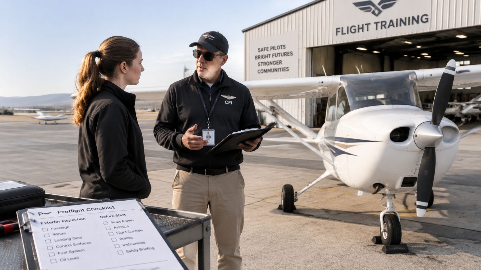 A flight instructor discusses preflight procedures with a student beside a small airplane outside a hangar.