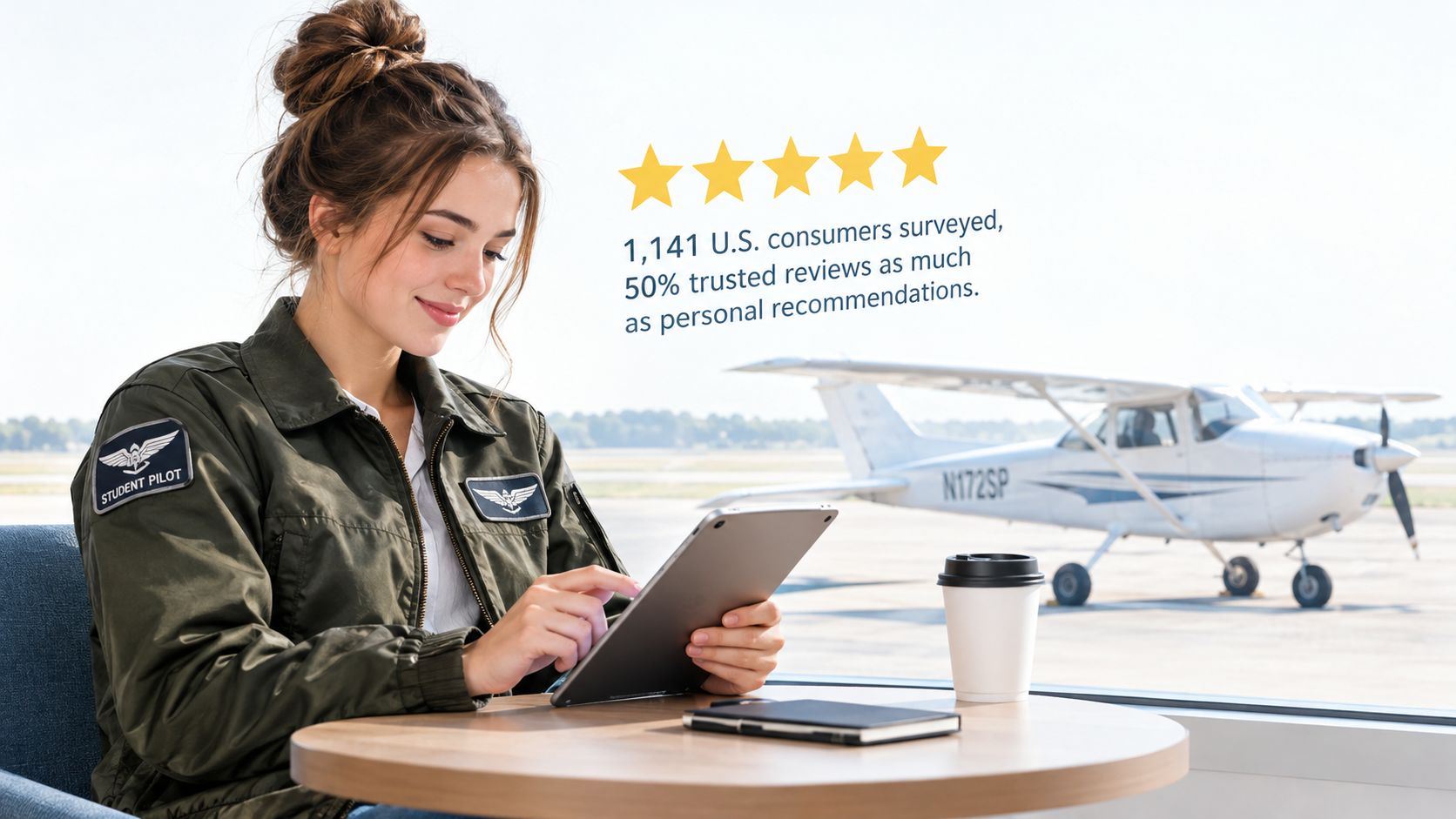 A student pilot reading digital reviews on a tablet at an airport café with a plane outside.