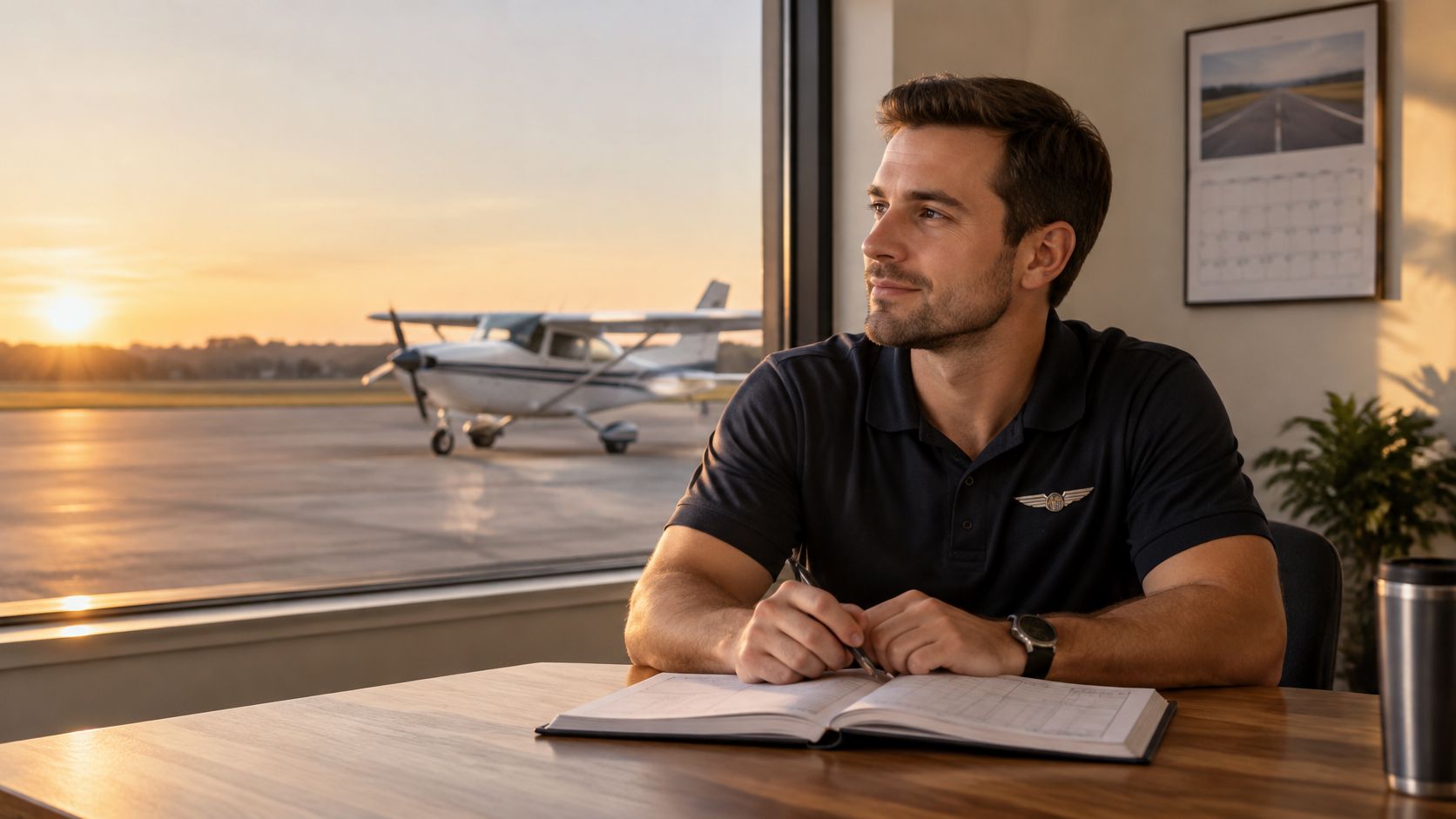 A professional flight instructor sitting at a desk and reviewing a flight logbook near an airport window.