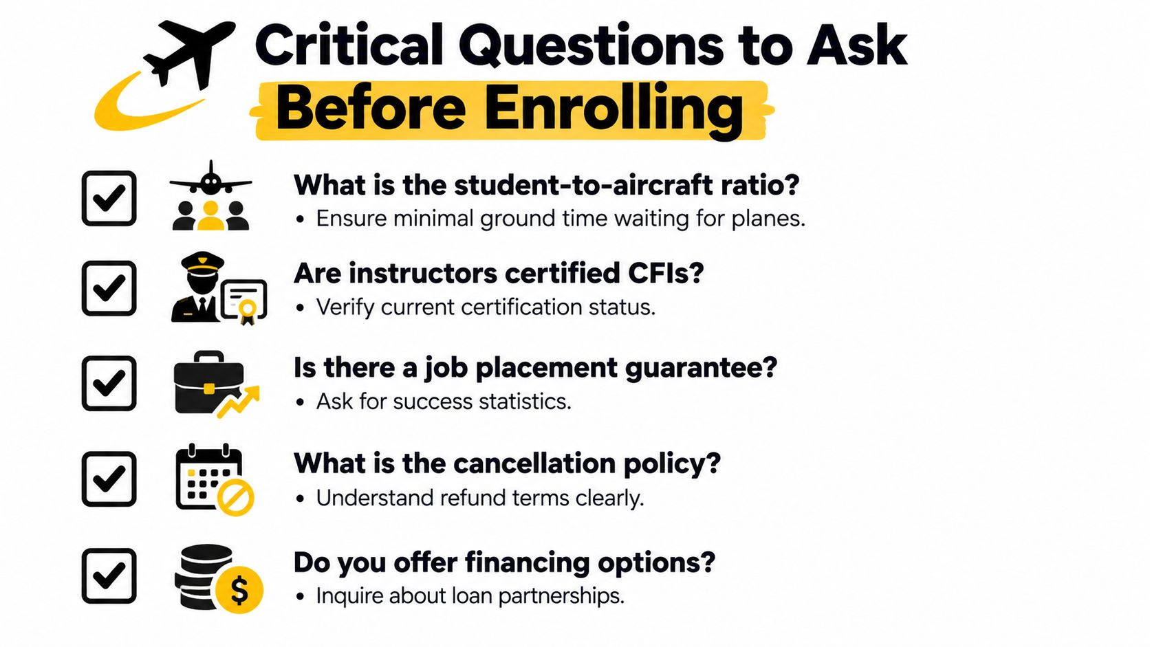 A checklist infographic outlining critical questions to ask before enrolling in a professional flight training program.