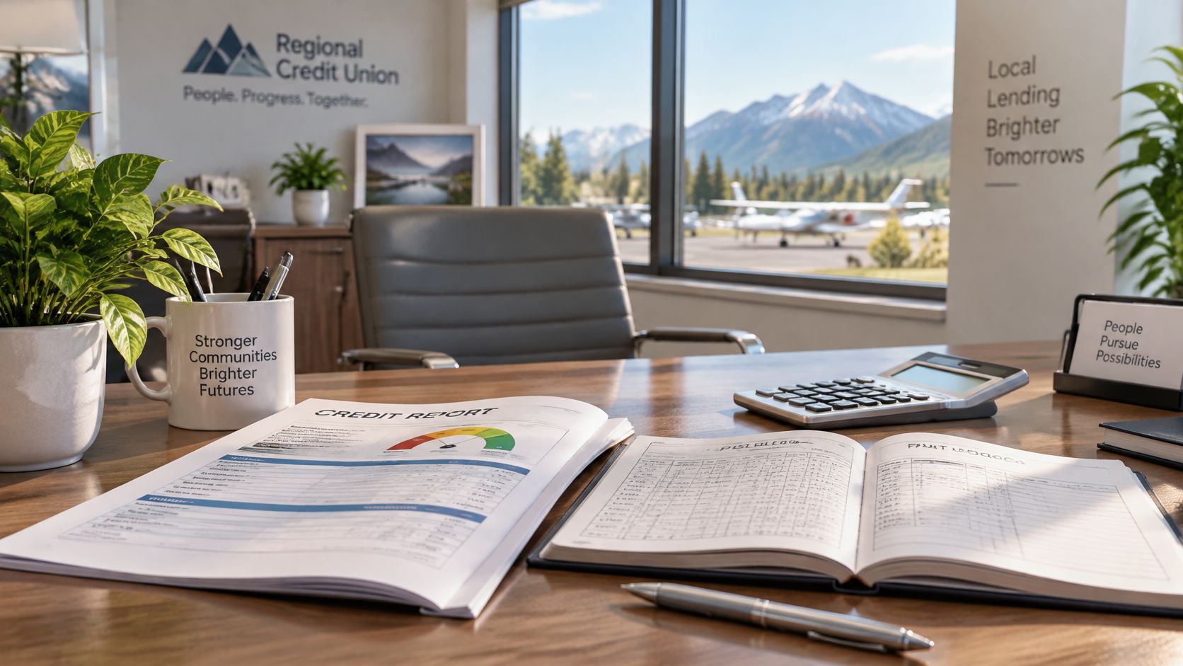 A professional office desk with a credit report and notebook overlooking a runway with small airplanes.