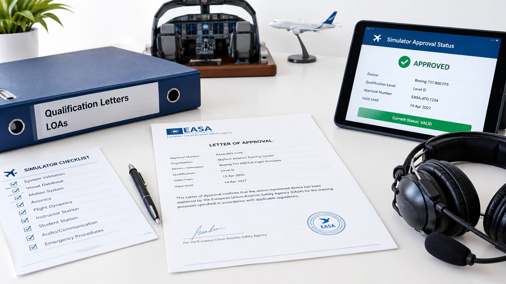 A professional desk featuring EASA aviation documents, a tablet with simulator approval status, and flight training equipment.