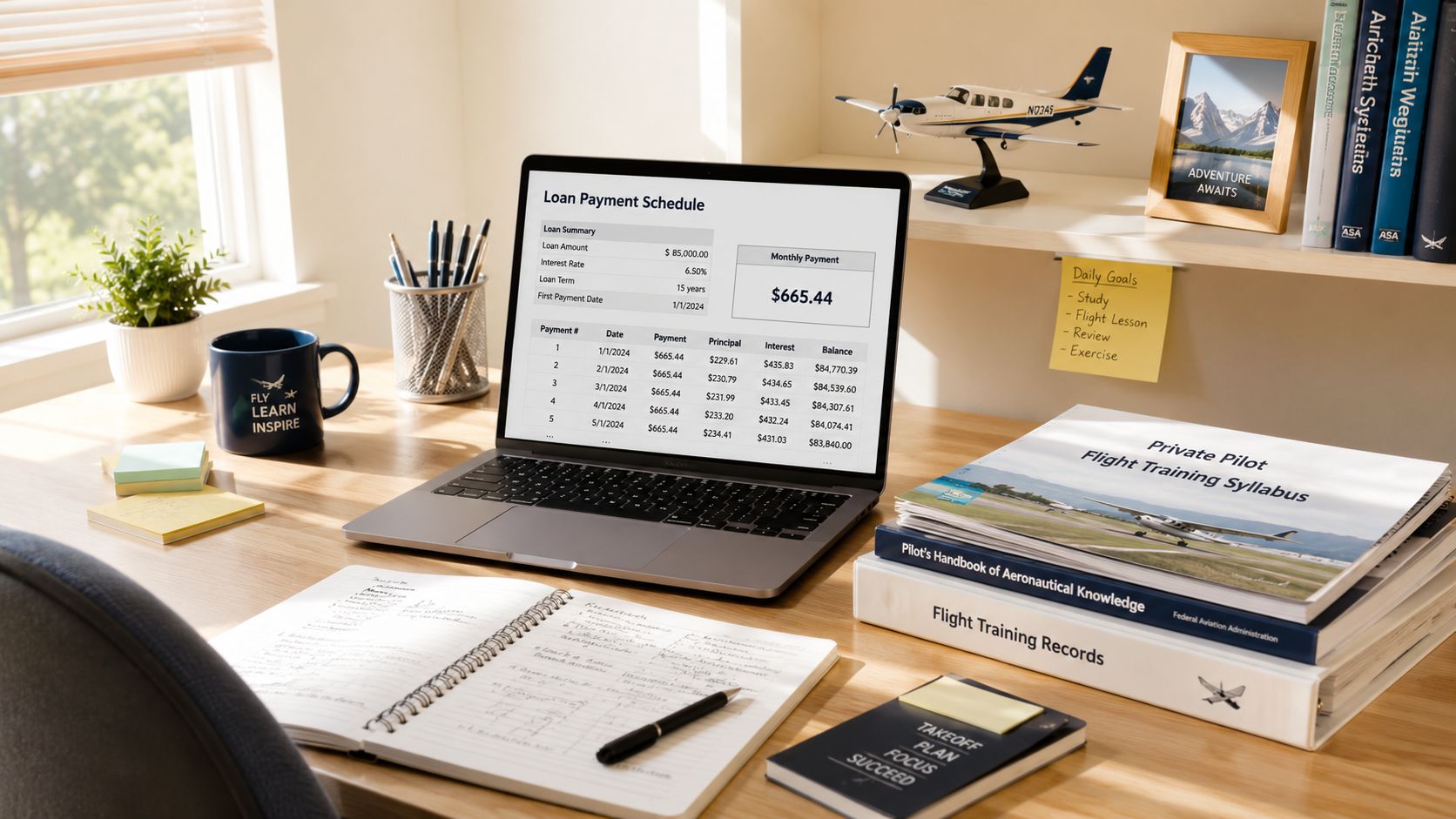 A wooden desk featuring a laptop displaying a loan payment schedule, aviation books, and pilot training materials.