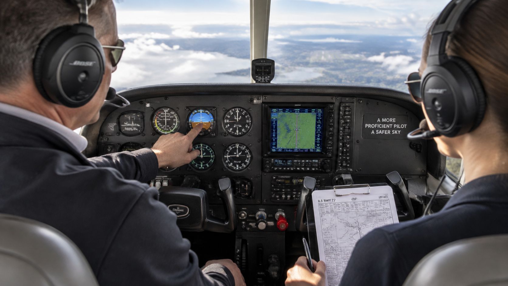 A pilot and instructor in a cockpit during flight training while navigating using aircraft instruments.