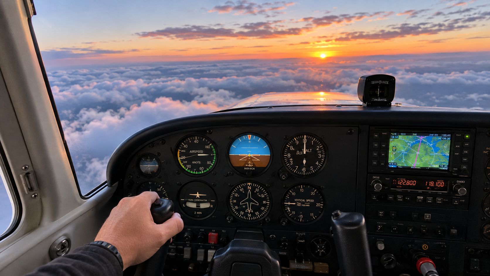 A pilot's hand holding the flight yoke while flying a small airplane above clouds at sunset.