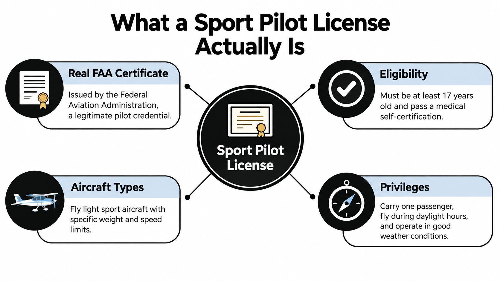 An infographic explaining the Sport Pilot License requirements, privileges, aircraft types, and its validity as an FAA credential.