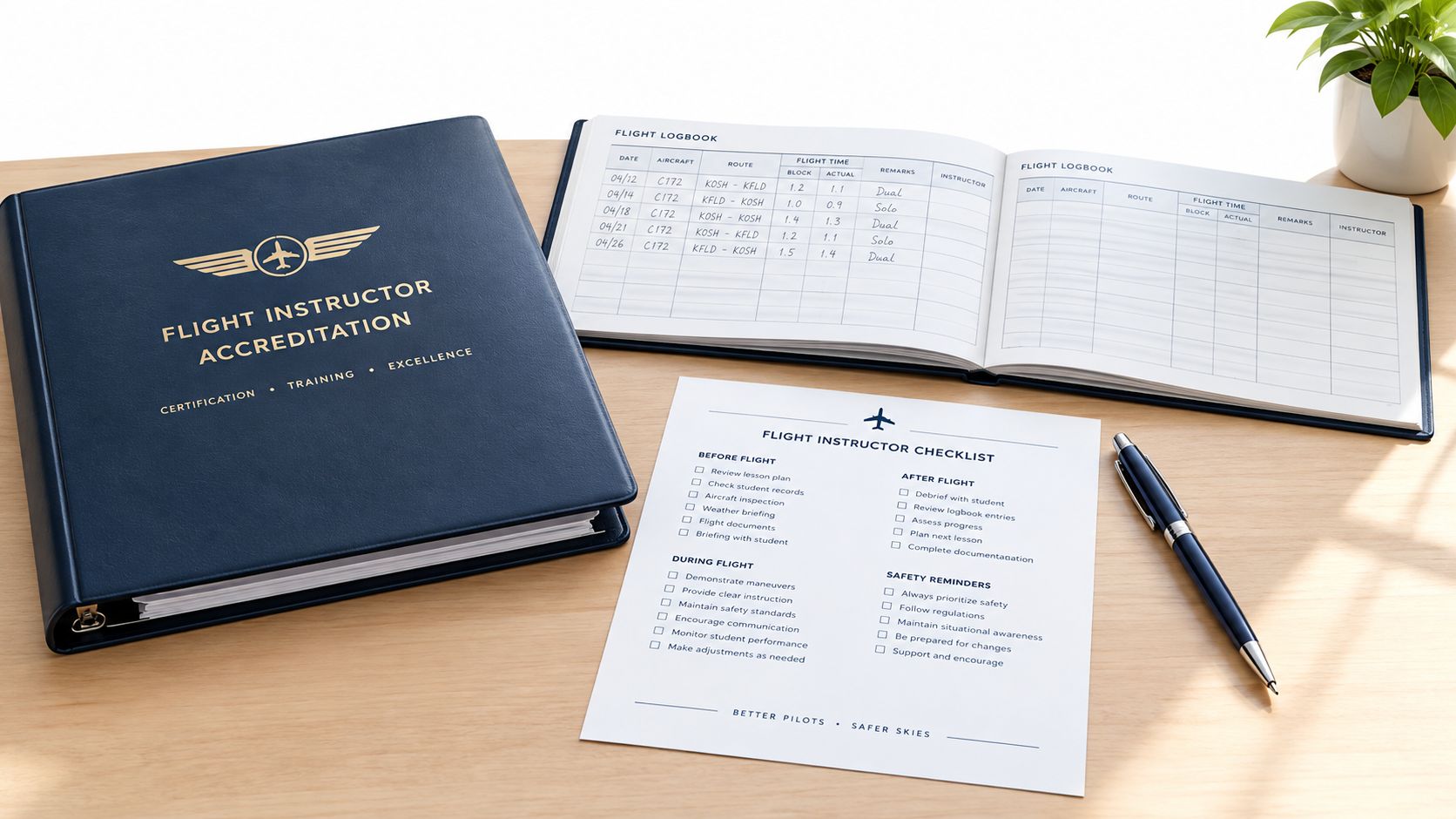 A professional flight instructor's desk featuring a binder, flight logbook, checklist, and pen on a wooden table.