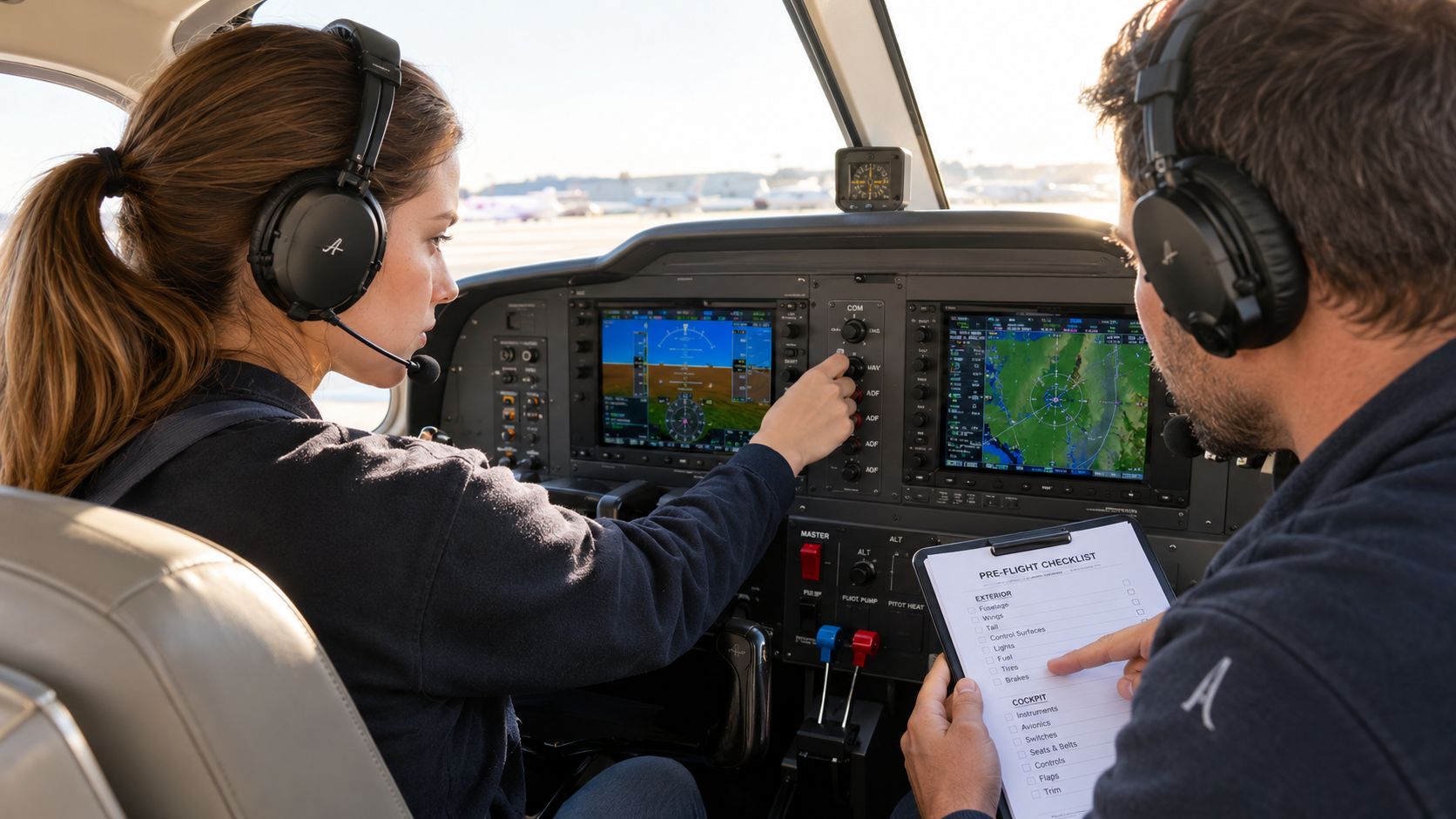 A female flight student pilot pointing at cockpit instruments while her instructor reviews a pre-flight checklist.