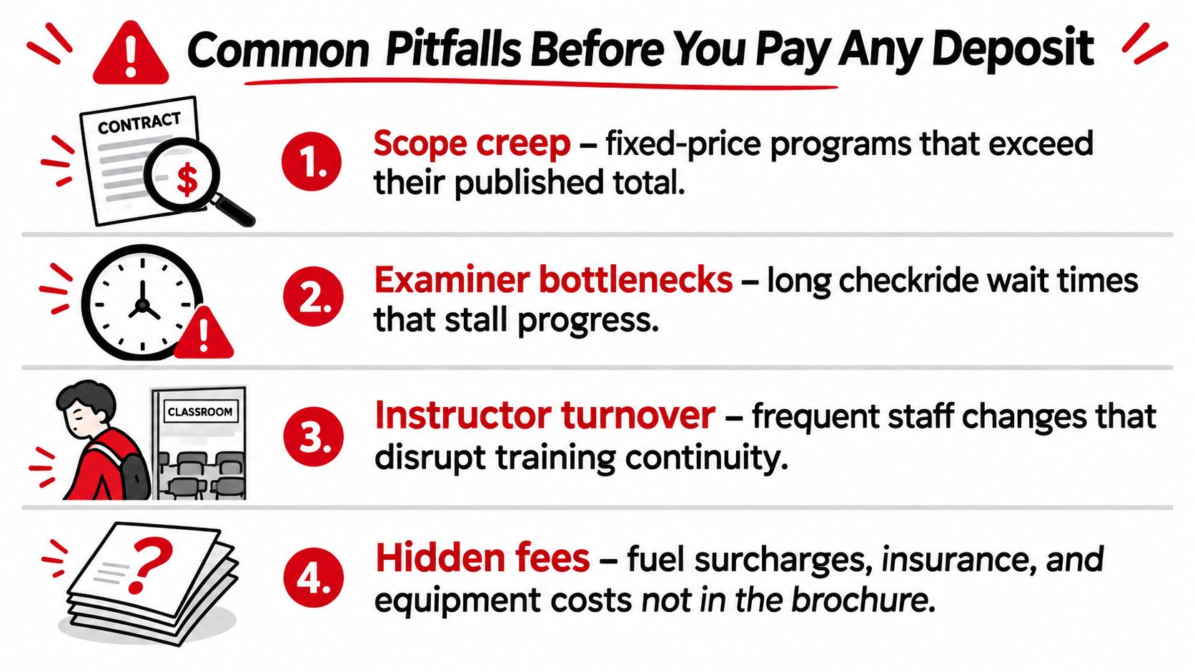 An infographic listing four common pitfalls to avoid before paying a flight academy deposit, including hidden fees.