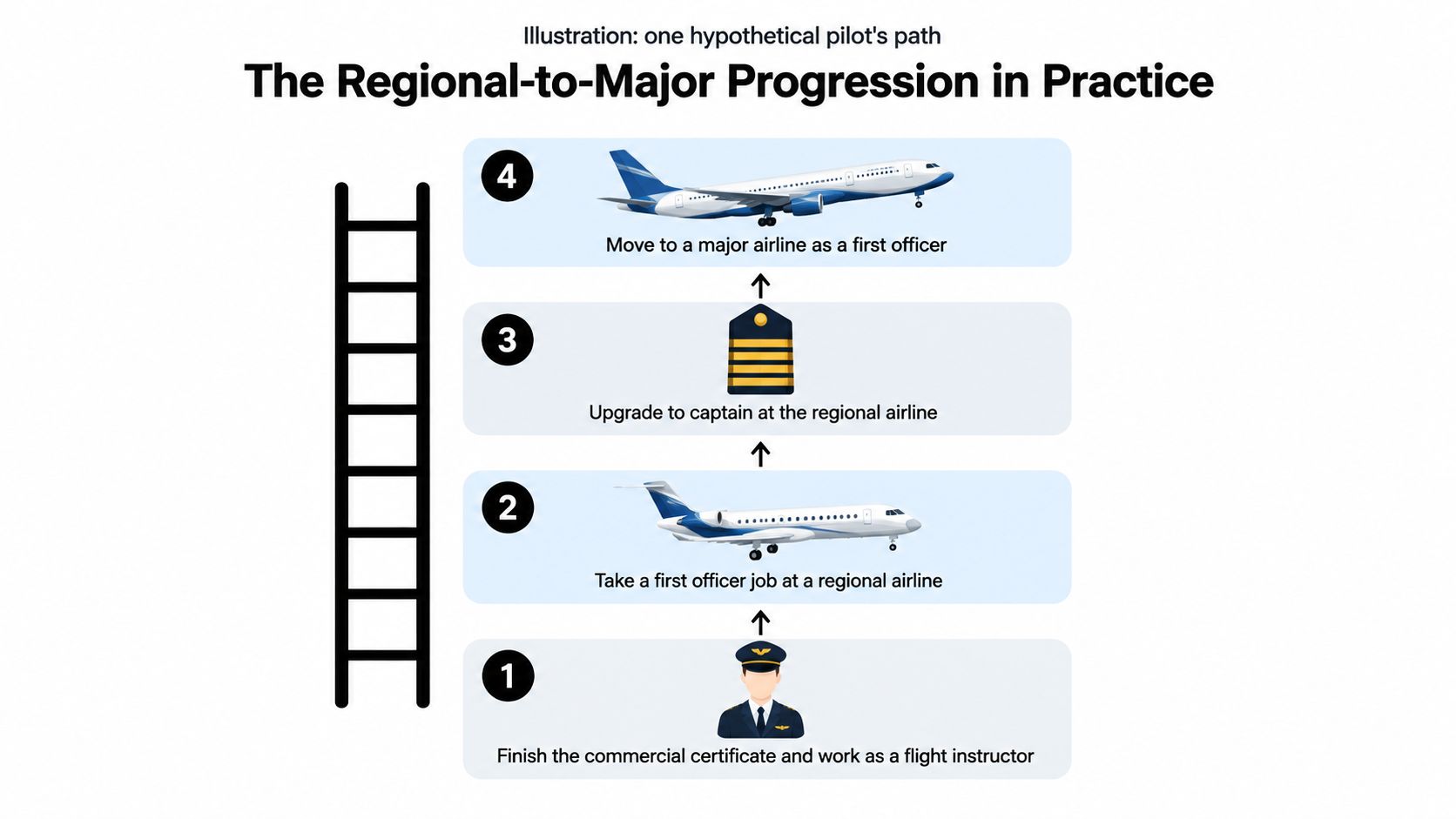 A four-step career progression chart showing the typical journey from flight instructor to major airline pilot.