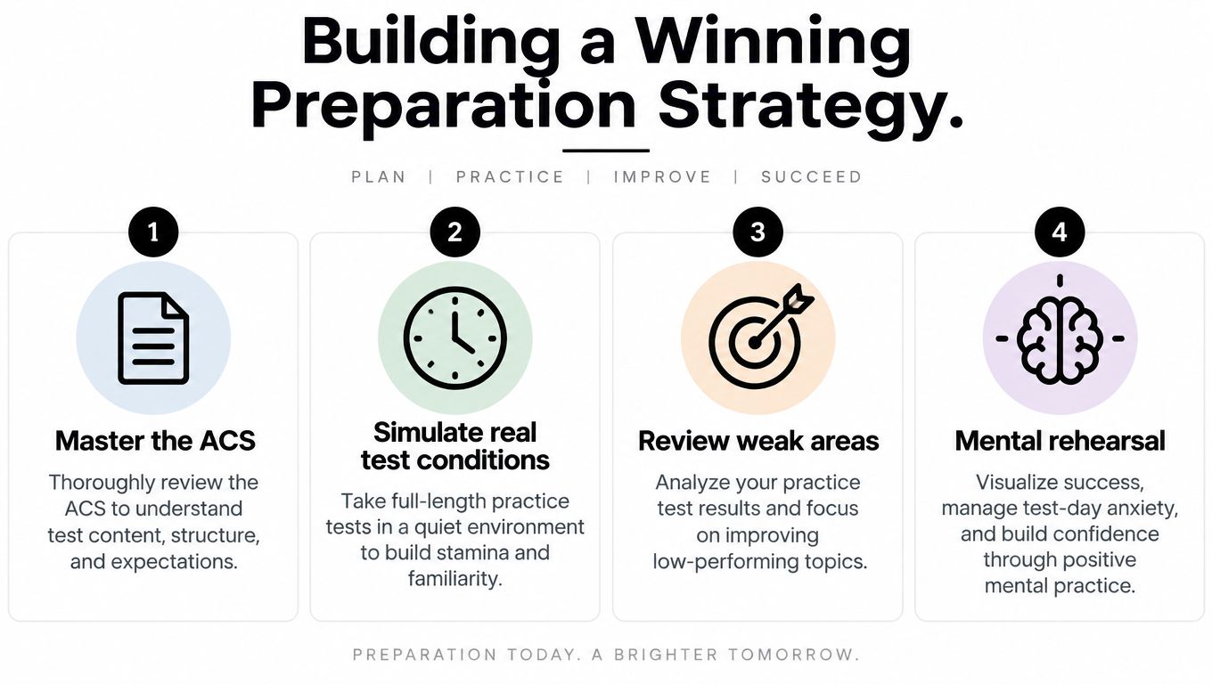 An infographic titled Building a Winning Preparation Strategy, outlining four steps for successful test preparation.