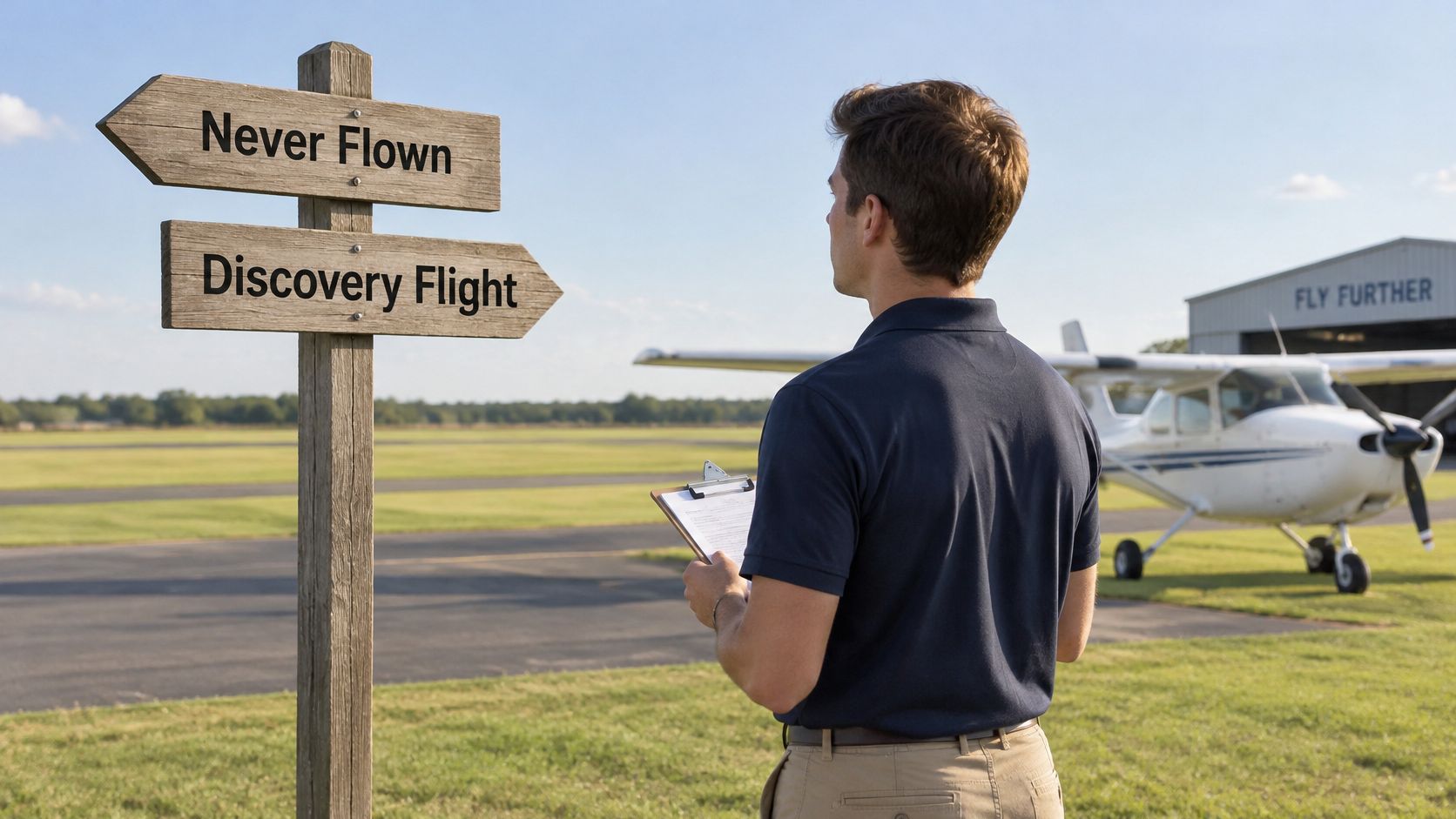 A flight instructor standing on an airfield, looking at a wooden signpost pointing towards discovery flight options.
