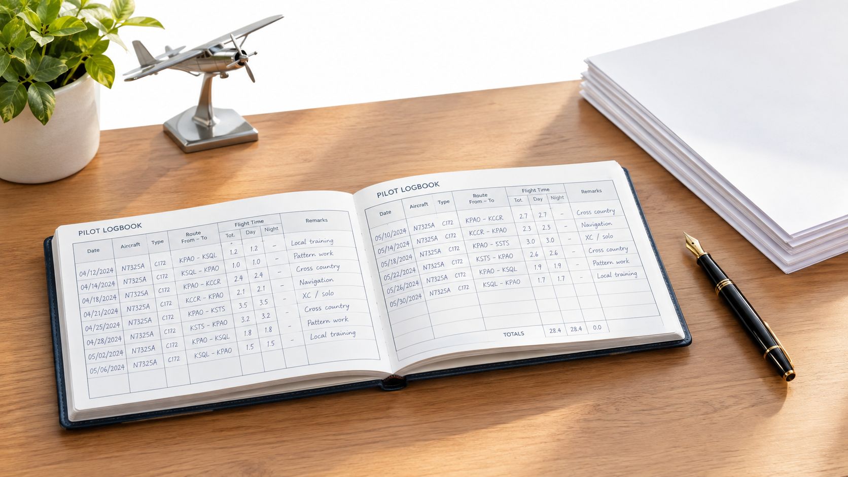 An open pilot logbook on a wooden desk with a model airplane and a fountain pen nearby.