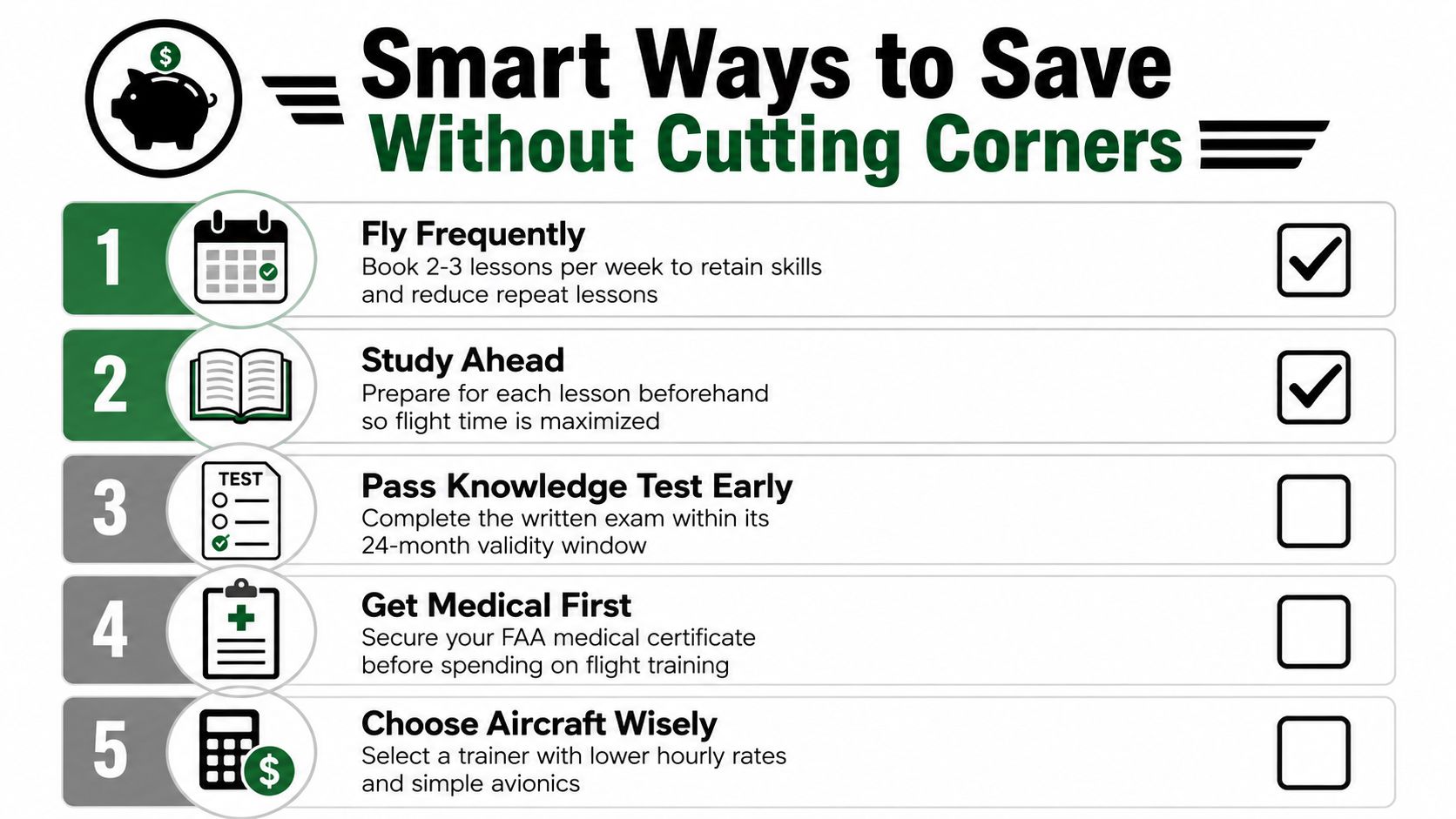 A checklist infographic titled Smart Ways to Save Without Cutting Corners for flight school students.