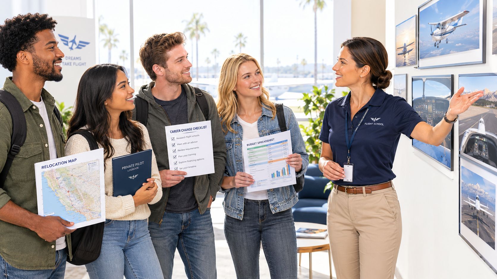 A professional flight school instructor gives a tour to four prospective students in a bright office.