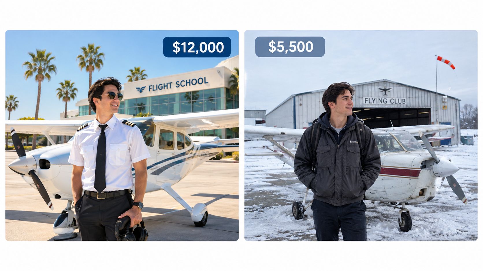 Comparison of costs between a professional flight school and a local flying club for pilot training.