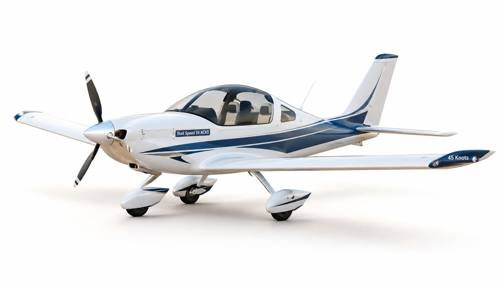A sleek white and blue private light aircraft sitting on a clean, isolated white background.