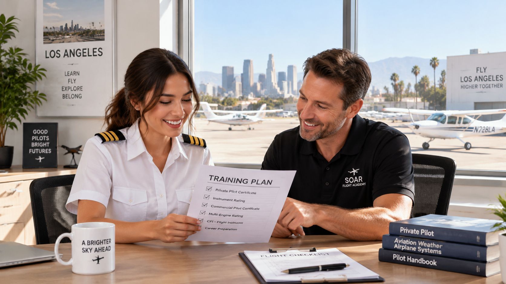 A female pilot and male instructor reviewing a pilot training plan at a flight school in Los Angeles.