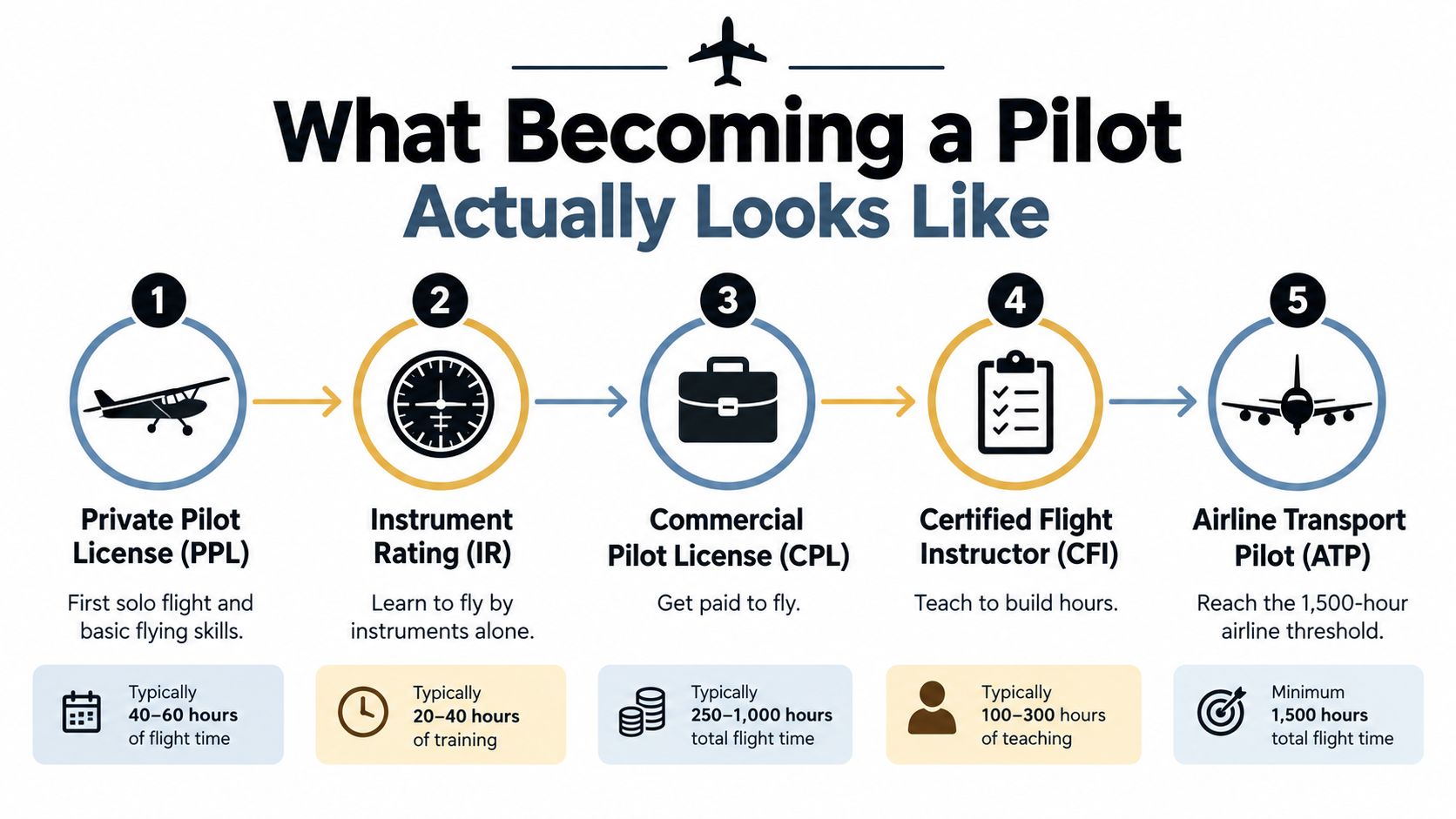 An infographic showing the five steps to becoming a professional pilot, from PPL to ATP certification.