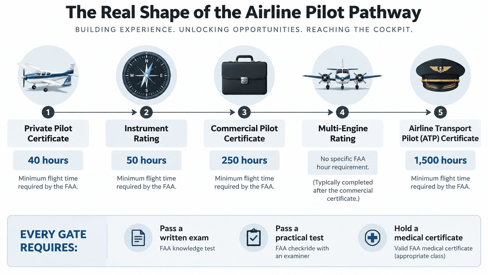 A diagram outlining the five major steps to becoming an airline pilot, from private certification to ATP.