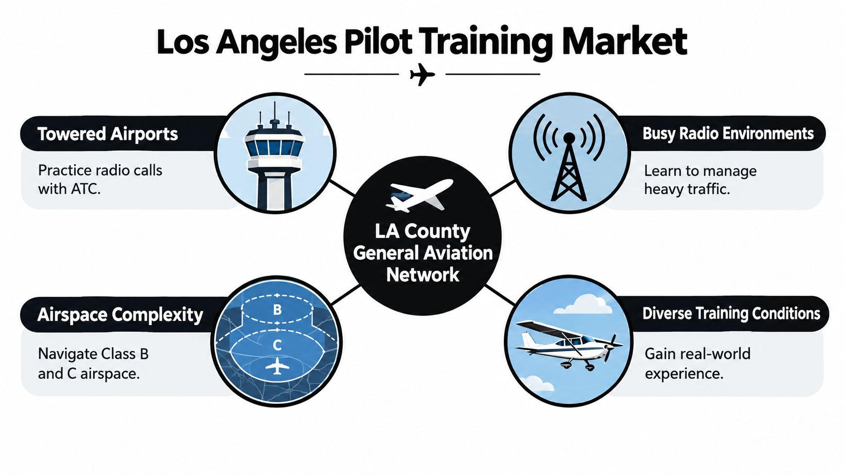 An infographic showing the benefits of pilot training in the Los Angeles general aviation network.
