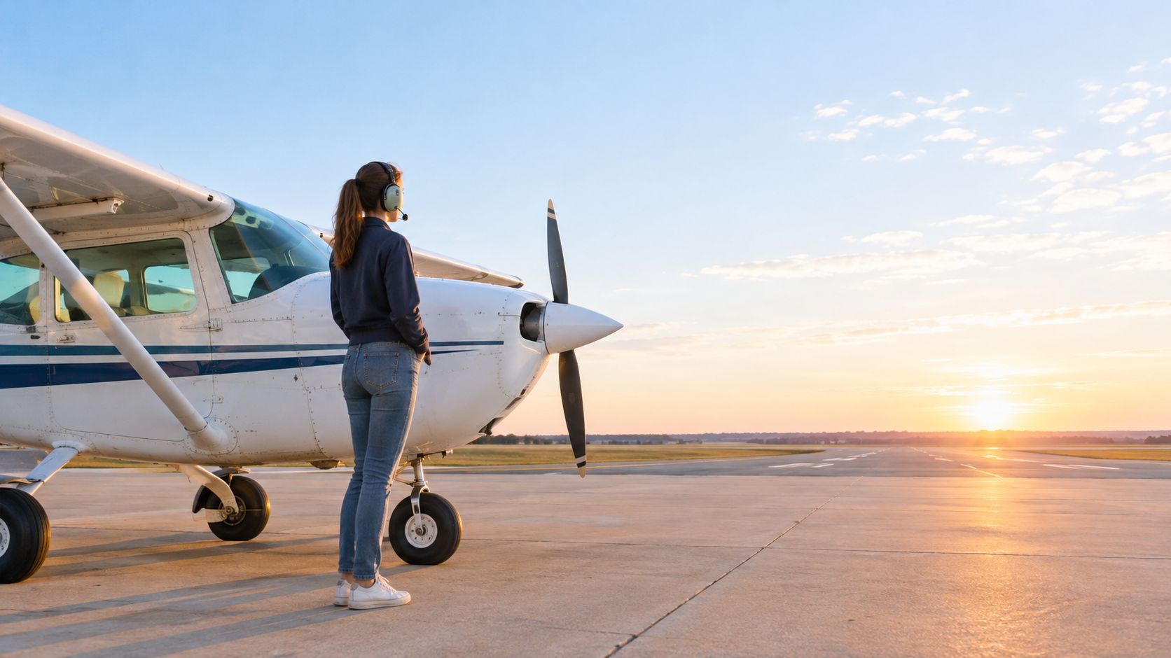 A female pilot standing on the tarmac next to a small airplane during a bright sunset.