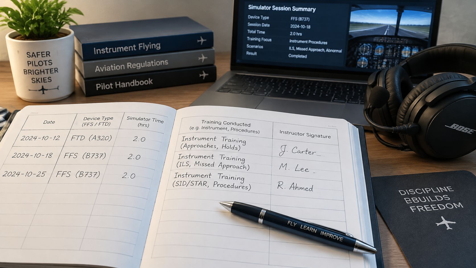 A pilot logbook open on a desk with a laptop, headset, and aviation study books nearby.