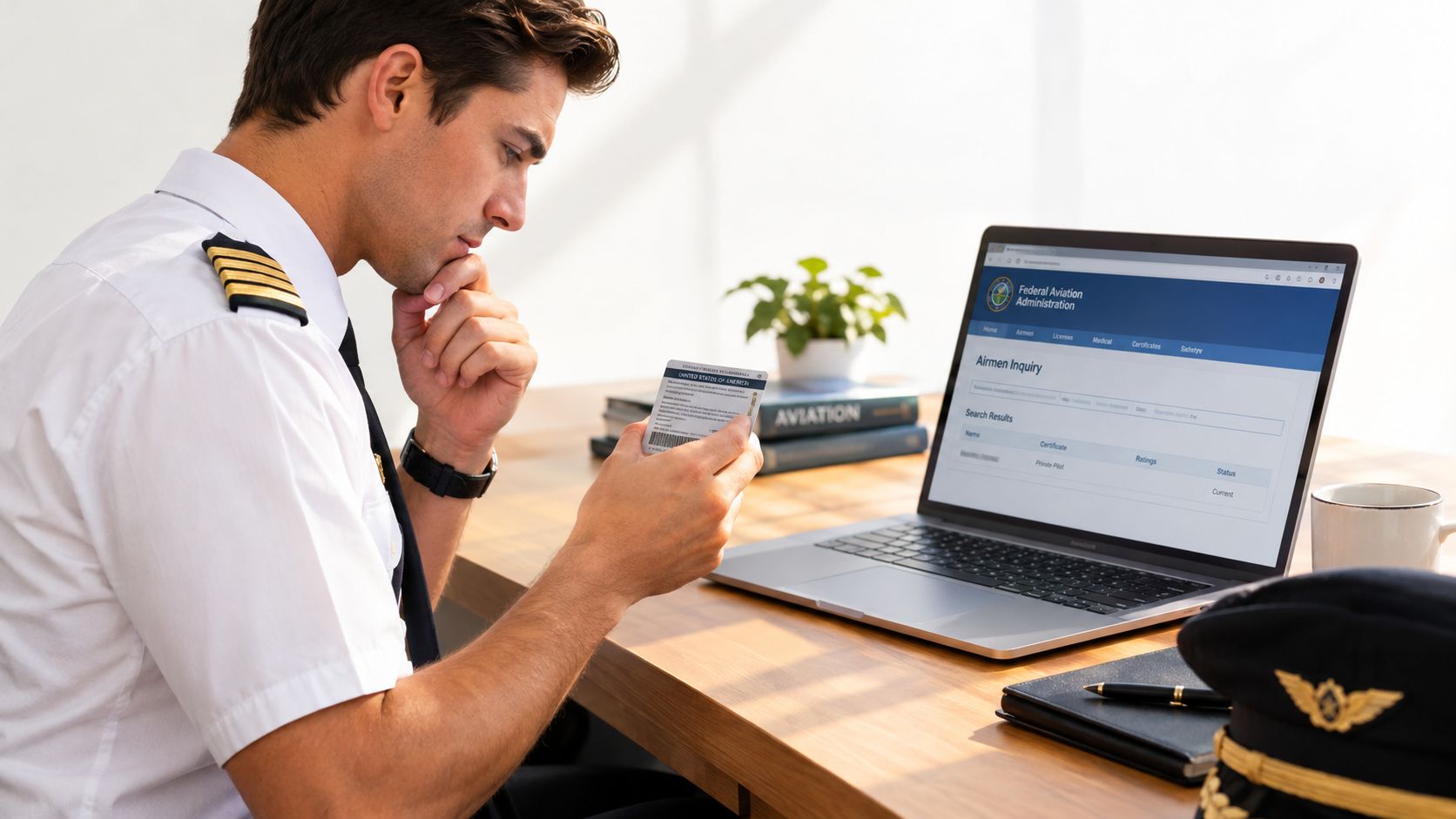 A commercial pilot examining his identification card while researching flight certification requirements on a laptop computer.