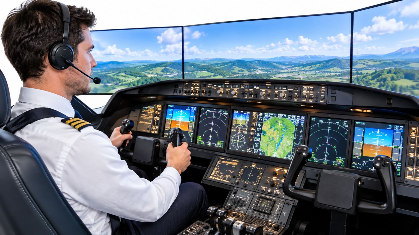 A professional airline pilot sitting in an aircraft flight simulator operating the control yoke with digital displays.