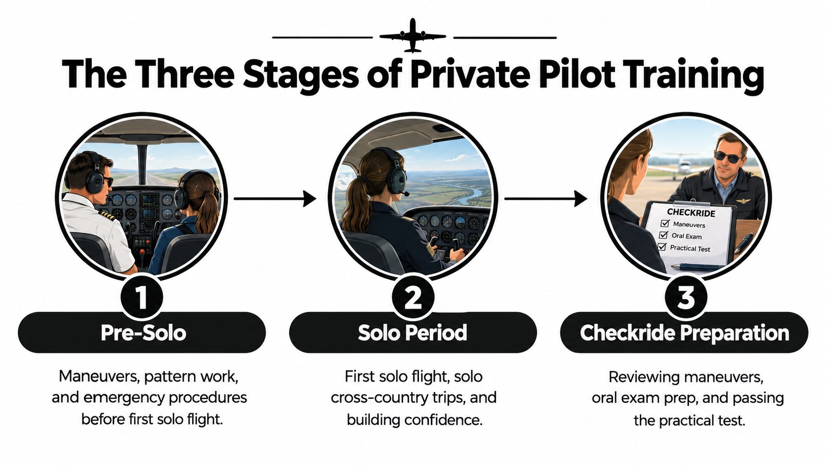 A diagram outlining the three stages of private pilot training: pre-solo, solo period, and checkride preparation.