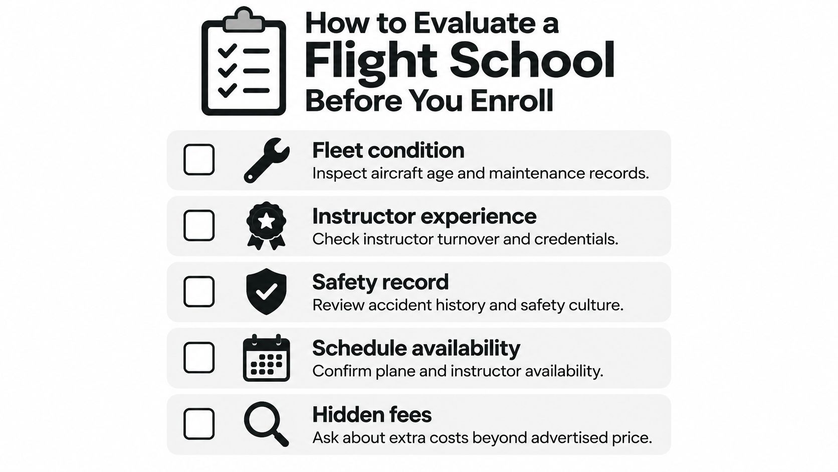 A checklist graphic titled How to Evaluate a Flight School Before You Enroll for prospective pilots.