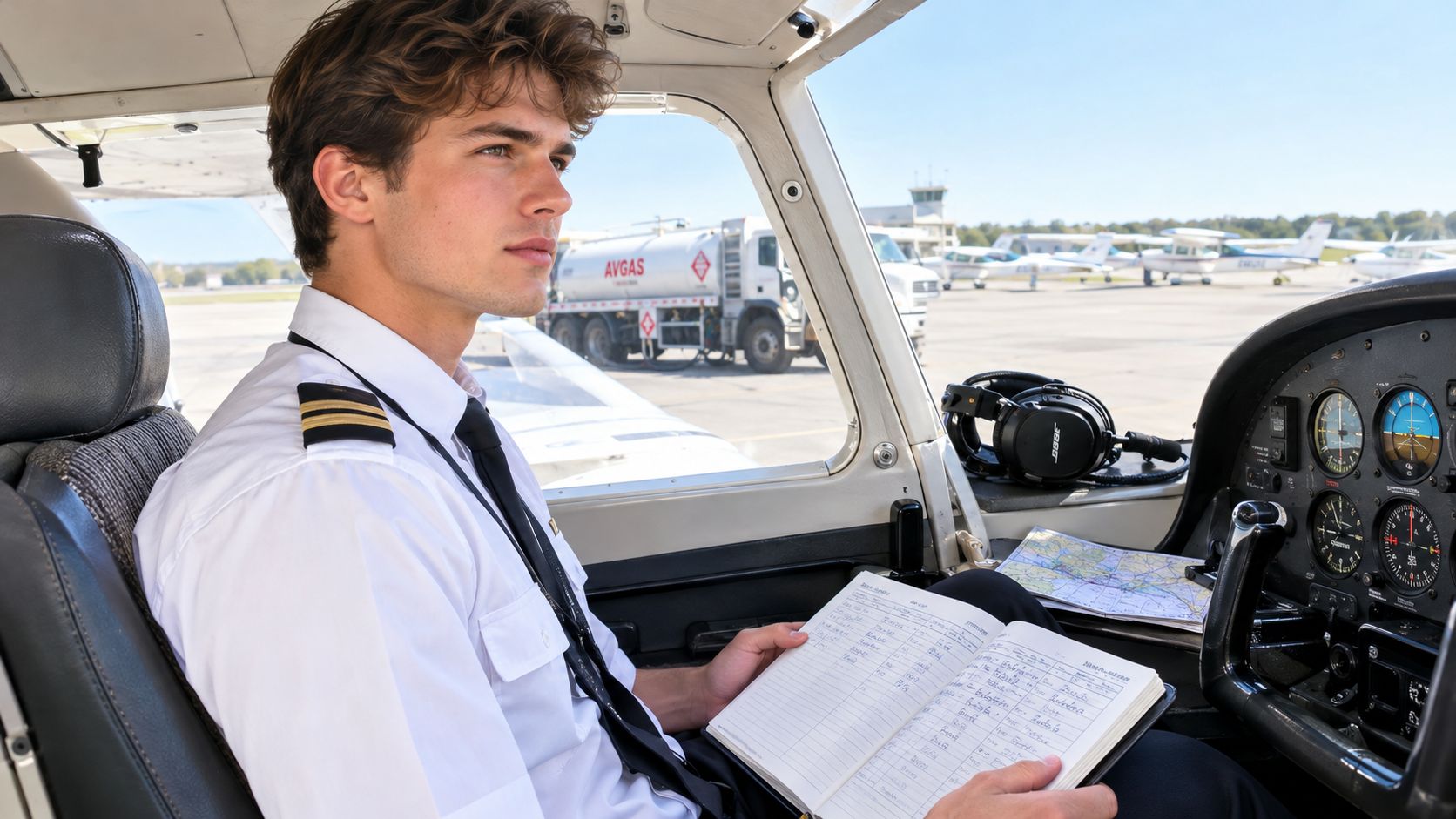 A young male pilot sitting in the cockpit of a small aircraft checking his logbook before flight.