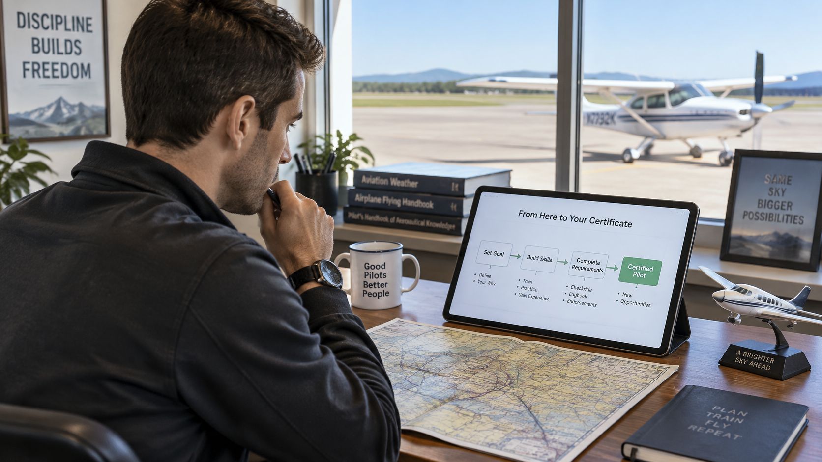 A man sits at a desk studying a pilot certification roadmap on a tablet by a runway.
