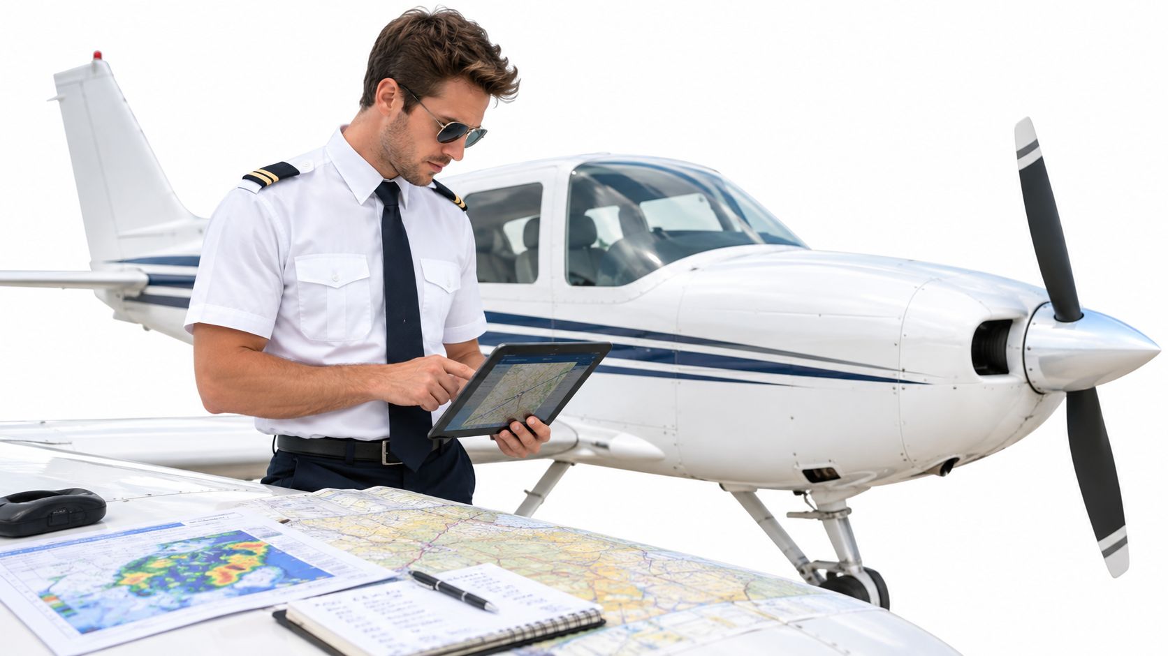 A professional pilot examining flight charts and a digital tablet in front of a small aircraft.