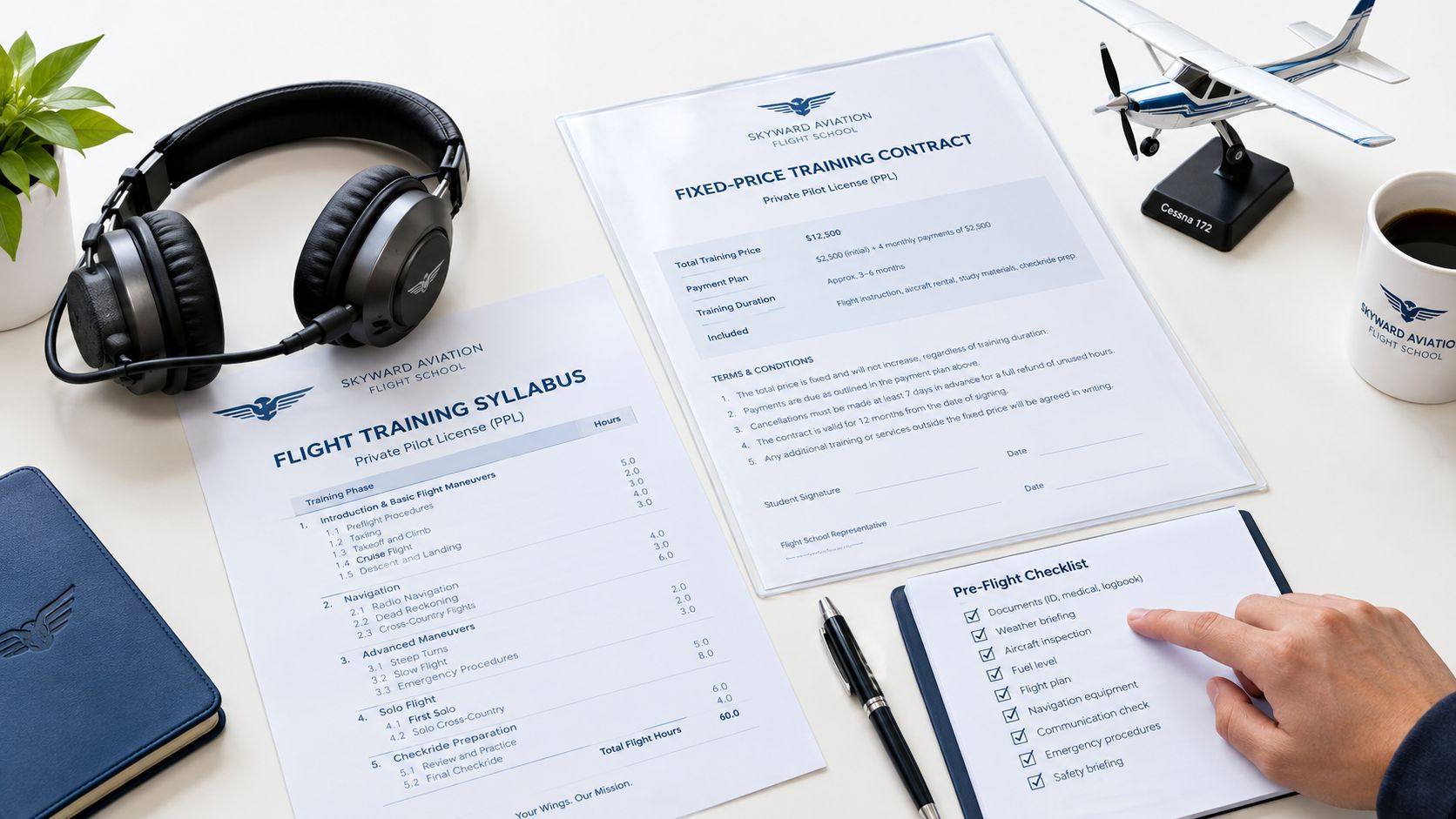 A professional desk setup featuring flight training contracts, a syllabus, a pre-flight checklist, and model airplane.