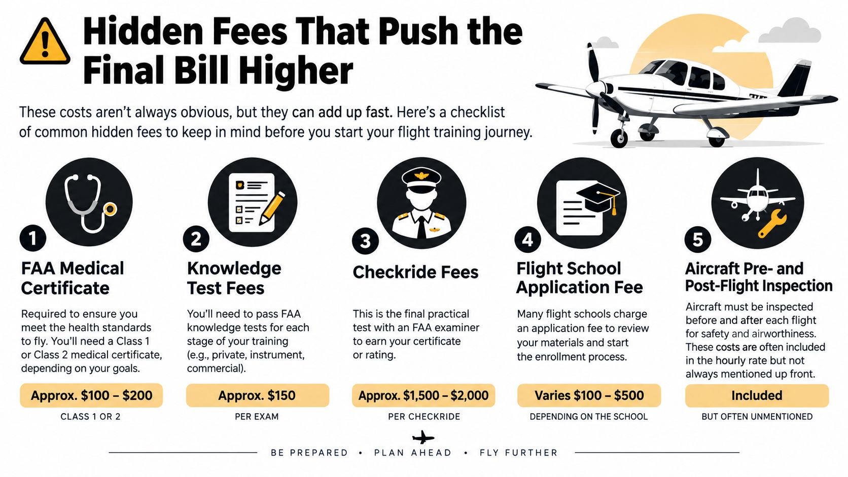 An infographic illustrating five common hidden fees associated with the costs of starting flight training.