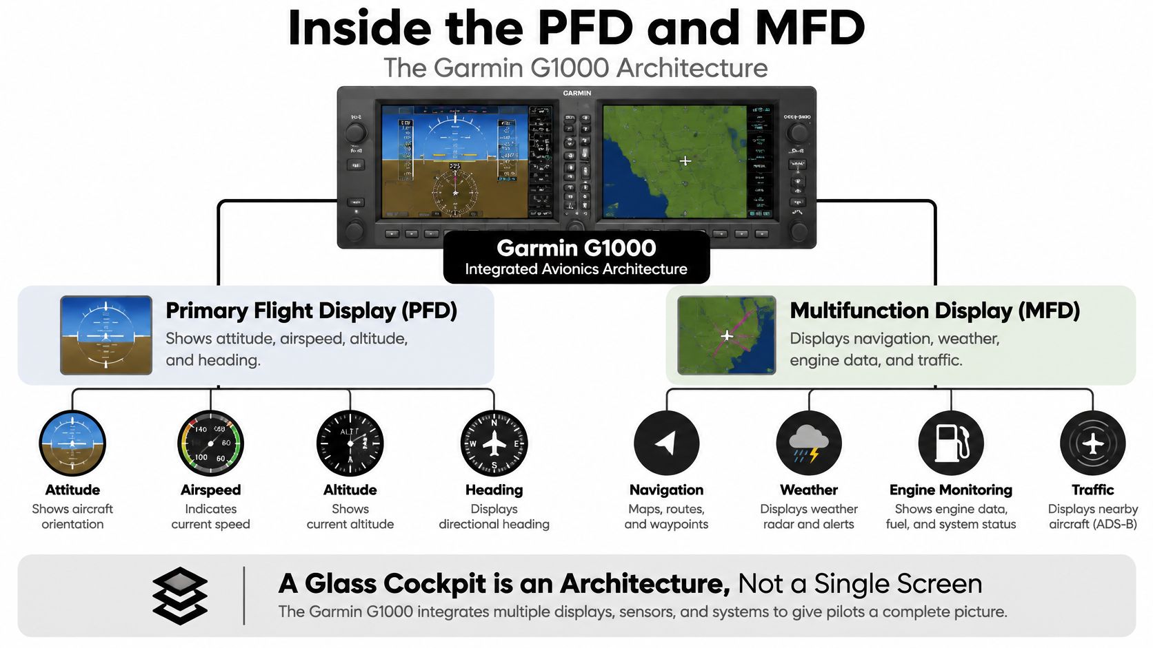 A diagram illustrating the Garmin G1000 glass cockpit architecture, detailing the functions of PFD and MFD displays.