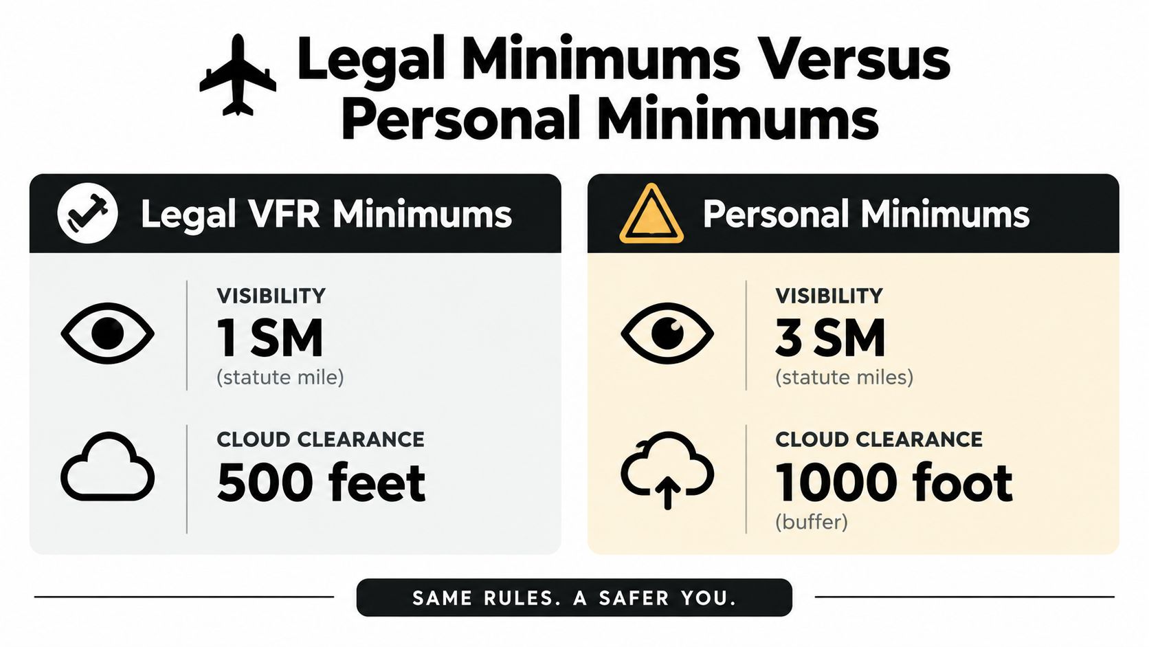 A comparison chart showing legal VFR minimums versus safer personal minimums for aircraft visibility and cloud clearance.